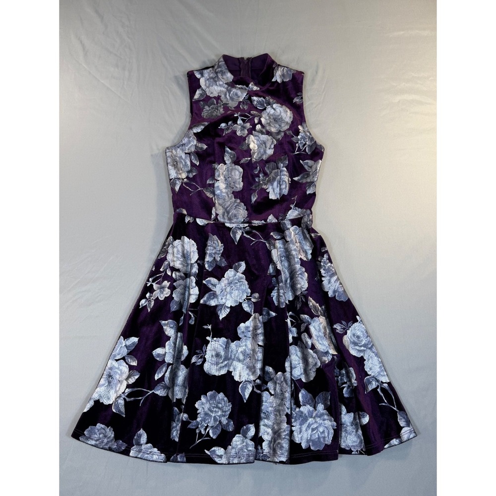 Velvet Silver Floral Purple Mock Neck Skater Dress 3 Whimsigoth Fairy Grunge Y2K